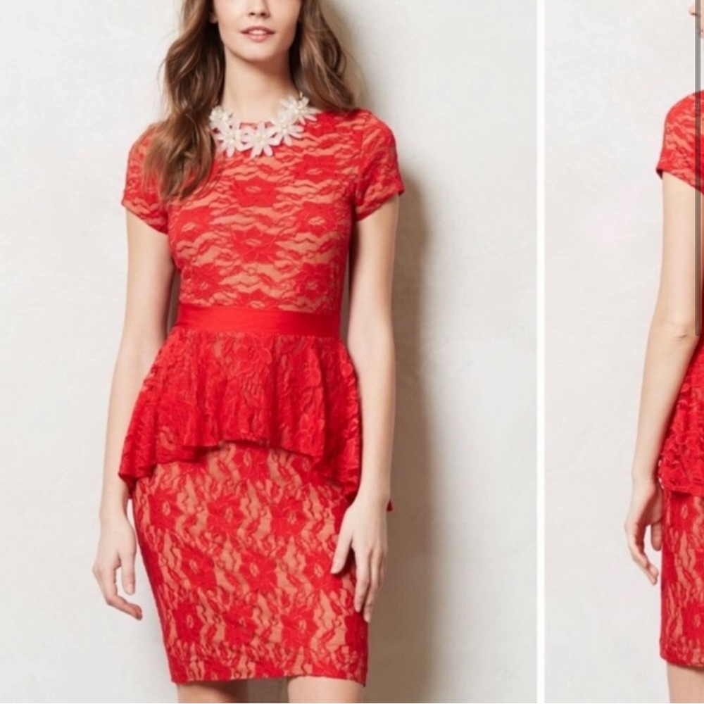 Anthropologie Marc Bouwer Red Lace Peplum Dress size 6